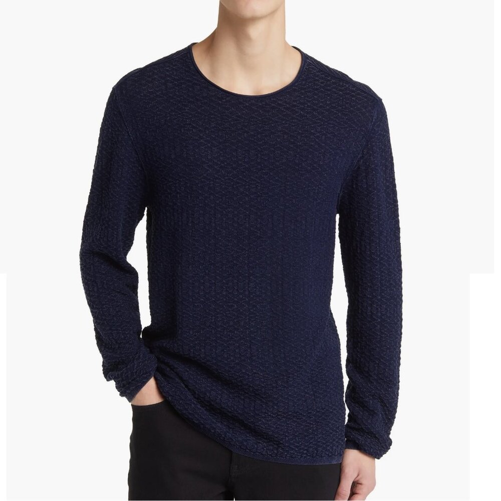 John Varvatos Collection Men's Riley Textured Knit Lightweight Crew Sweater Navy